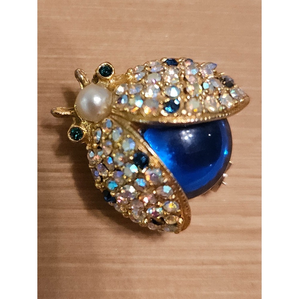 Sparkling Ladybug Brooch Pin Rhinestone Pearl Blue Gemstone Gold Tone - Picture 3 of 16